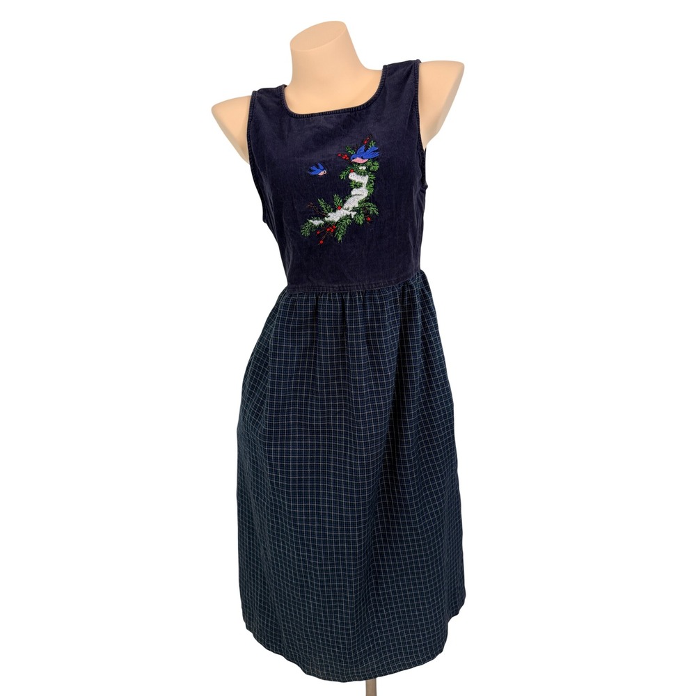 Cottagecore Bobbie Brooks Vintage Corduroy Plaid Embroidered Midi Dress S 4/6